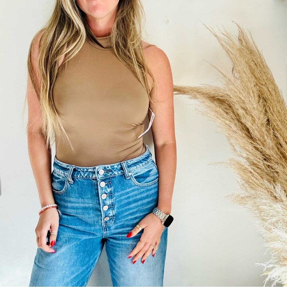 NEW MONO B NORDSTROM Brown Beige Sleeveless Tank Top Mock Neck $55 Bodysuit L